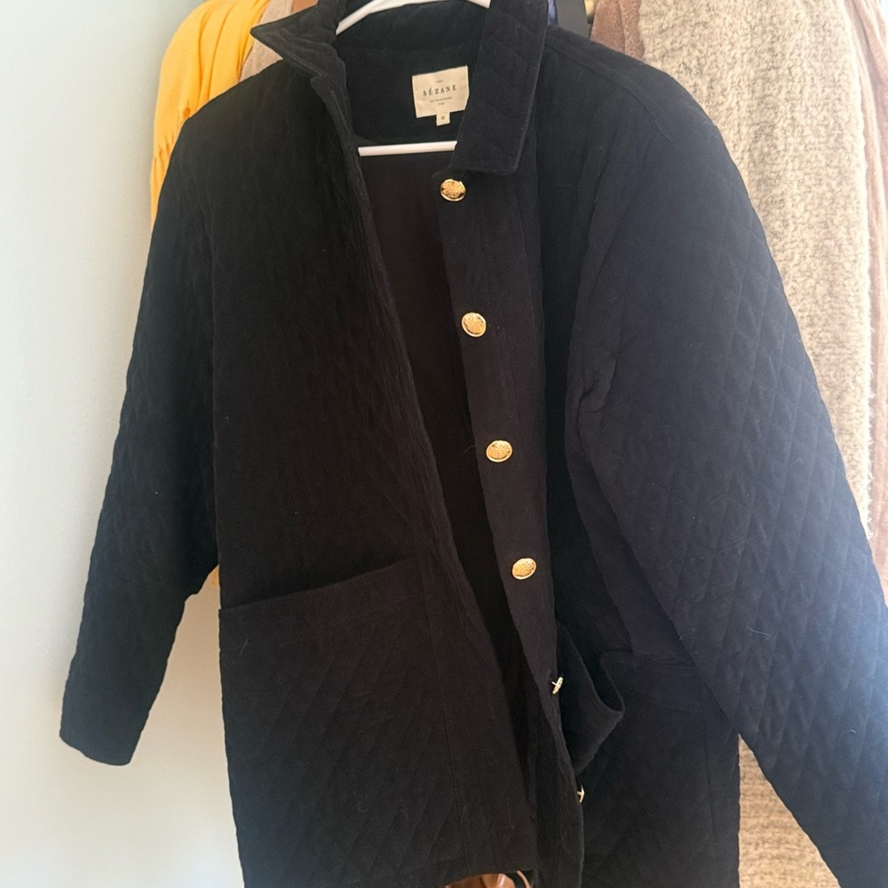 Sezane Black Quilted Jacket with Gold Accents